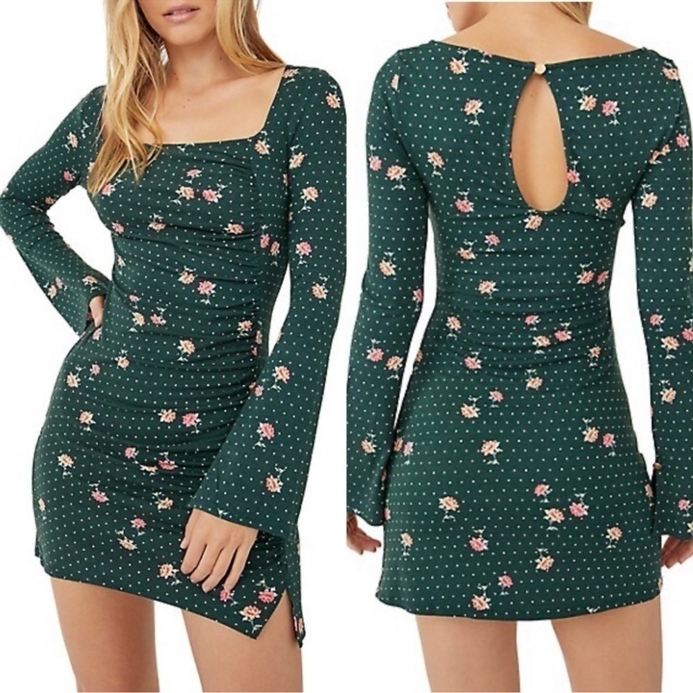FREE  PEOPLE Green Polka Dot Celia Mini Floral Dress
